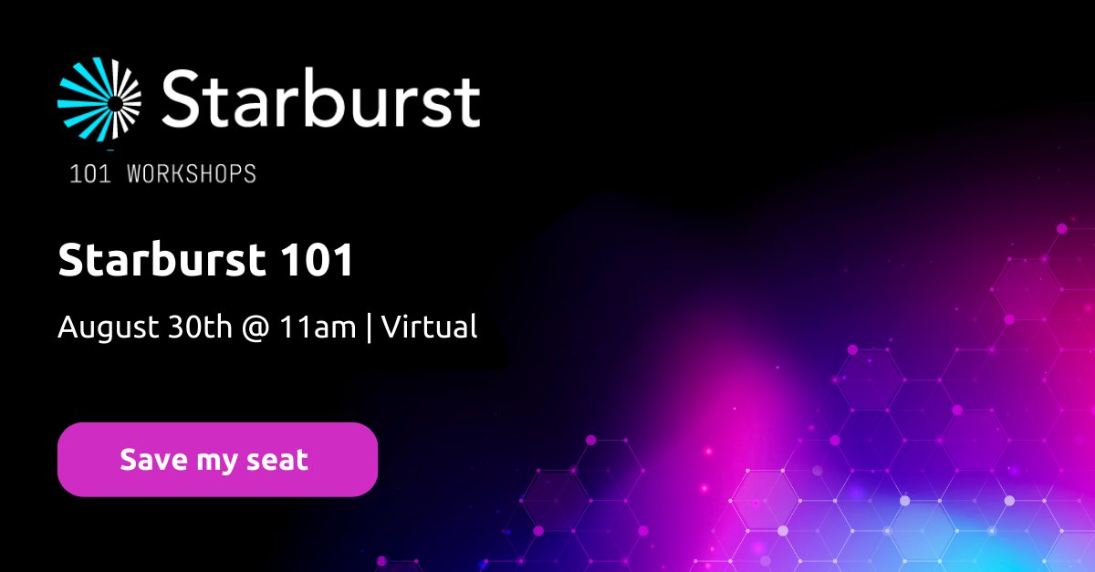 starburstdata's tweet photo. You're in luck! We have another Starburst 101 Workshop coming up!

Join us on August 30 to learn how Starburst can help your team achieve your goals. We will cover connecting to data sources, building within your #datalake, and more: https://t.co/0wvJC269SN
#handsonlab #bigdata https://t.co/fnpR3wBh42