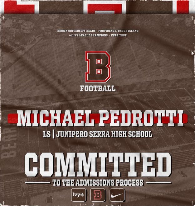 I am beyond excited to announce my commitment to the admissions process at Brown University! Continuing my academics and athletics at such a high level has always been a dream, thank you to everyone who has helped along the way! @PadreFootball_ @BrownU_Football #EverTrue #GoBruno