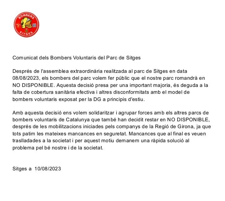 JeFrancesc's tweet photo. El parc de bombers voluntaris de #Sitges es declara en situació de NO DISPONIBLE després d'aprovar-ho en assemblea. La decisió és solidària amb d'altres parcs per manca de cobertura sanitària i altres mesures preses per la Direcció General @BombersSitges @AjSitges #CATALUNYA https://t.co/GSgcjLx545