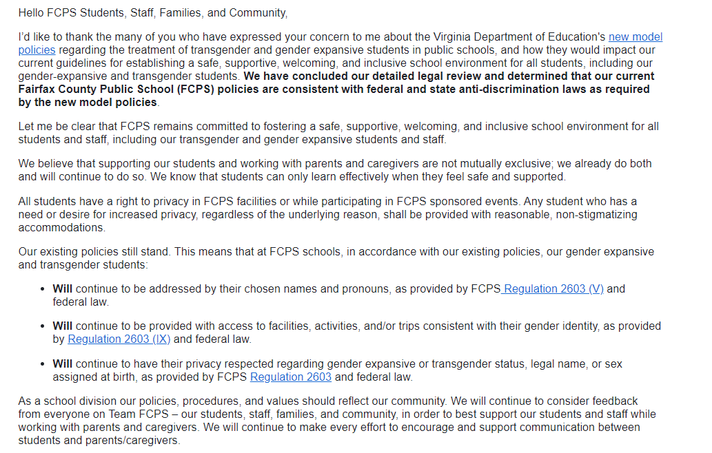 v_theclash's tweet photo. Great news from @FCPSnews! They championed our Fairfax County students today, by posting a clear, unequivocal support for transgender and gender-expansive students. 
Thank you FCPS and Dr. Reid rejecting discrimination.
#TransRightsAreHumanRights ❤️🏳️‍⚧️🏳️‍🌈 https://t.co/PFik4674sC
