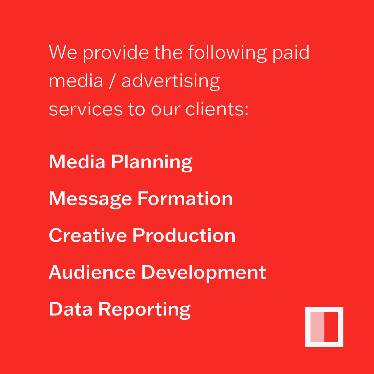 FellsGroup's tweet photo. Fells Group plans, launches, and optimizes media campaigns that persuade and drive supporters to take action. Additionally, our agency has a robust in-house creative team that will develop advertising banners, videos, and landing pages.

We implement mail programs, launch digital campaigns across a variety of platforms, and incorporate traditional mediums such as billboards and television into our media plans.

→ https://t.co/bxxTAWadqL