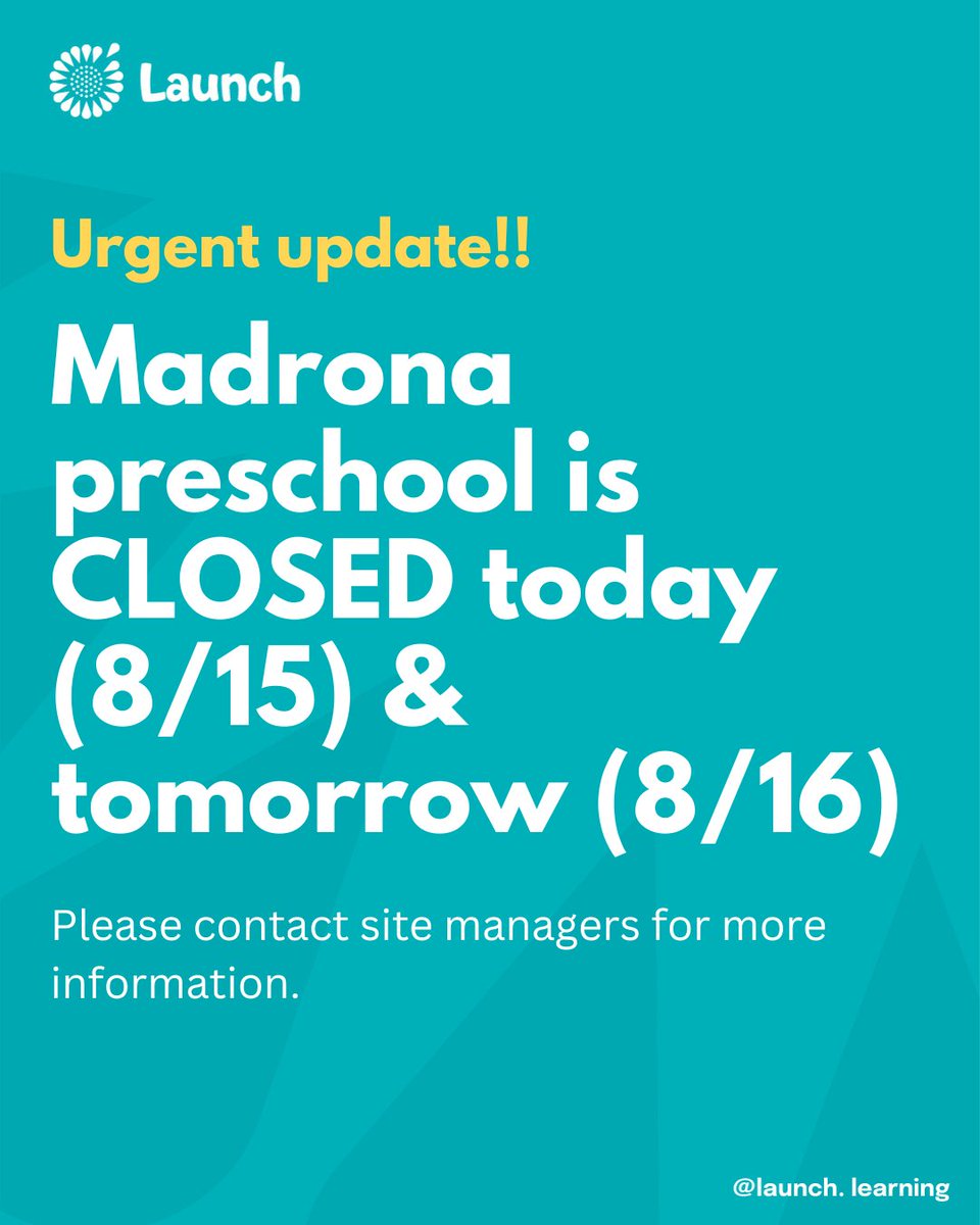 LaunchNW's tweet photo. Urgent update!!
⠀
Madrona preschool is closed today (8/15) and tomorrow (8/16)
⠀
#LaunchLearning #CommunityCare #childcare #FYI #Seattle #Madrona #KingCounty https://t.co/mnKvLahrl1