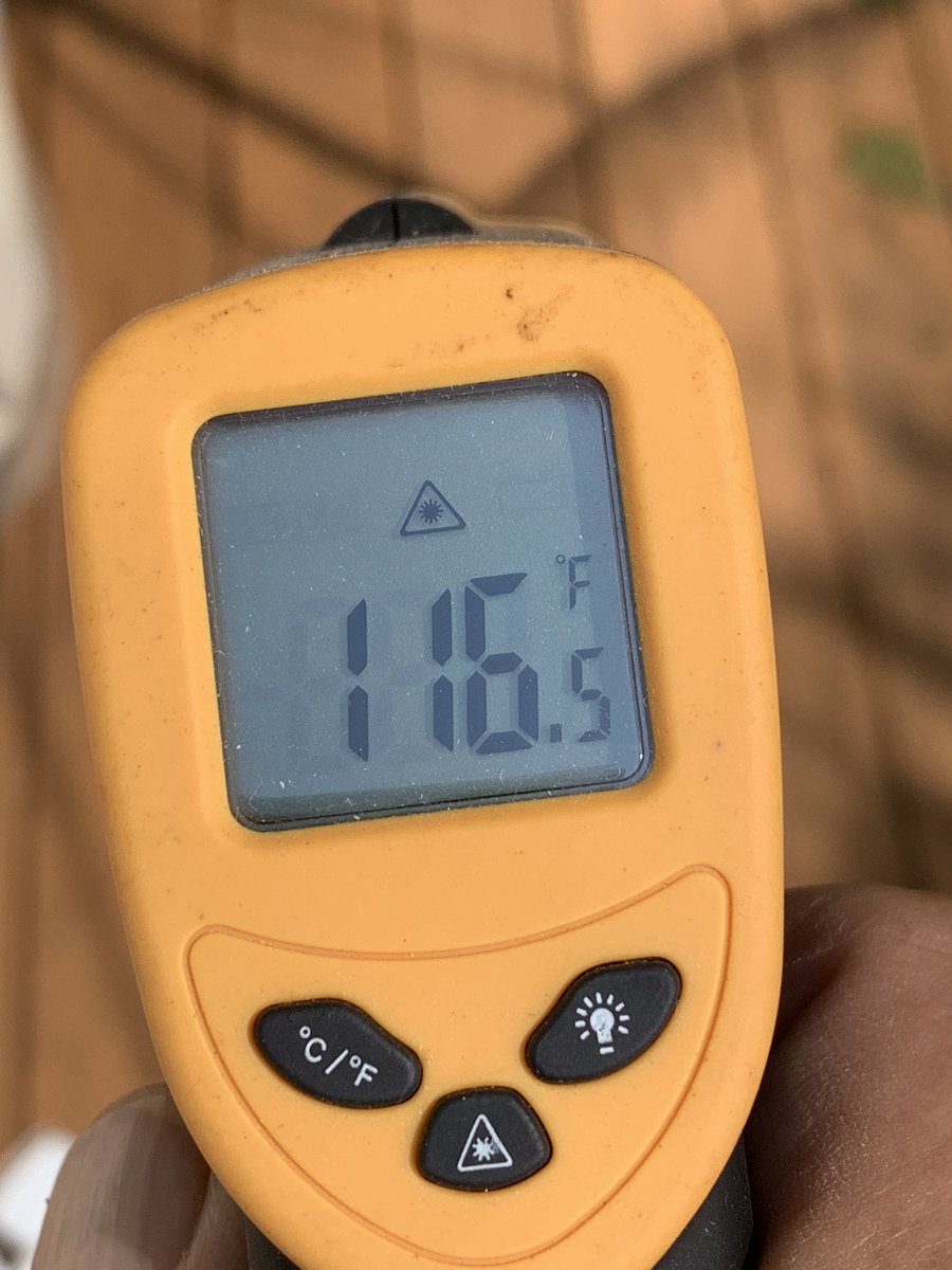 MarkMasonPDX's tweet photo. Temp on deck composite 145f (cedar part was 148f!); shade 116f; asphalt 138f. Outdoor cat Raffi says “This is BS!” ….might have to bring back Cat Diary. #pdxheatwave #cats #CatDiary https://t.co/F3uFFBZN5Q