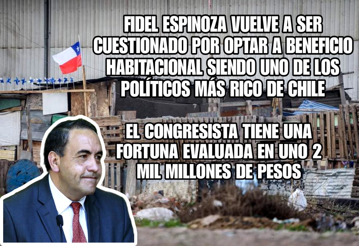 Fidel Espinoza tiene una fortuna evaluada en miles de millones de pesos, pero en 1995 supuestamente situación era tan precaria que pudo optar a un subsidio del Estado para comprar una vivienda.

Un beneficio habitacional que hoy lo vincula con un caso de fraude. 🧵👇🏽