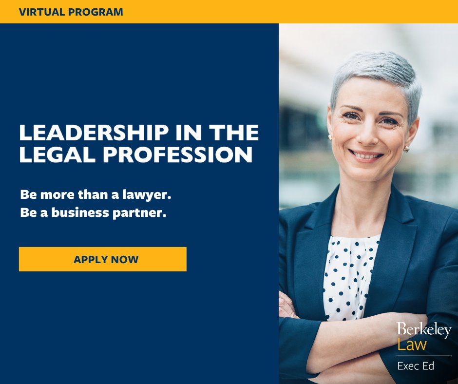 BerkLawExecEd's tweet image. Join @BerkLawExecEd ‘s transformative Leadership in the Legal Profession! 🚀 Boost leadership skills, take on new responsibilities, and thrive within your firms.
🔥 Enroll today: bit.ly/3Qn5Lc2
📚 #BerkeleyLaw #LeadershipCourse