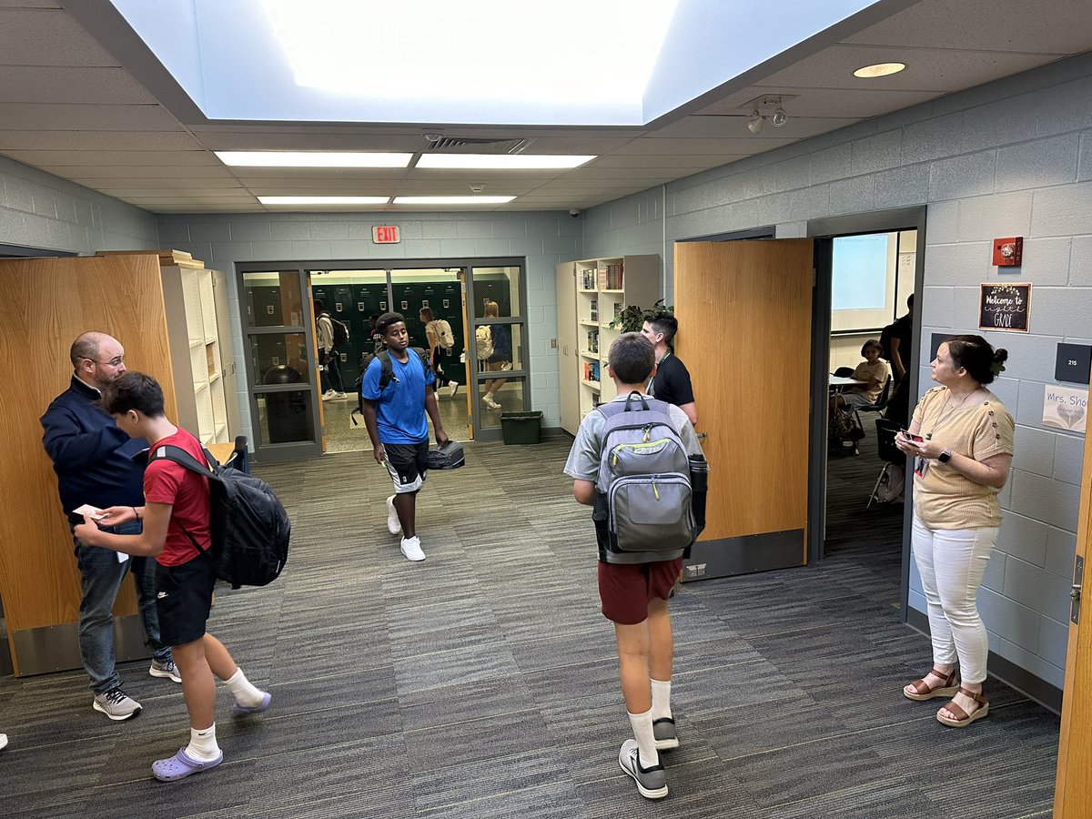 CSTWildcatsMS's tweet photo. (R to L) Mrs. Short, Mr. Wallace, and Mr. Stephans all out greeting their 8th graders at the door ahead of 3rd hour. #exponentialimpact #cstfamily https://t.co/D45lU5dI8J