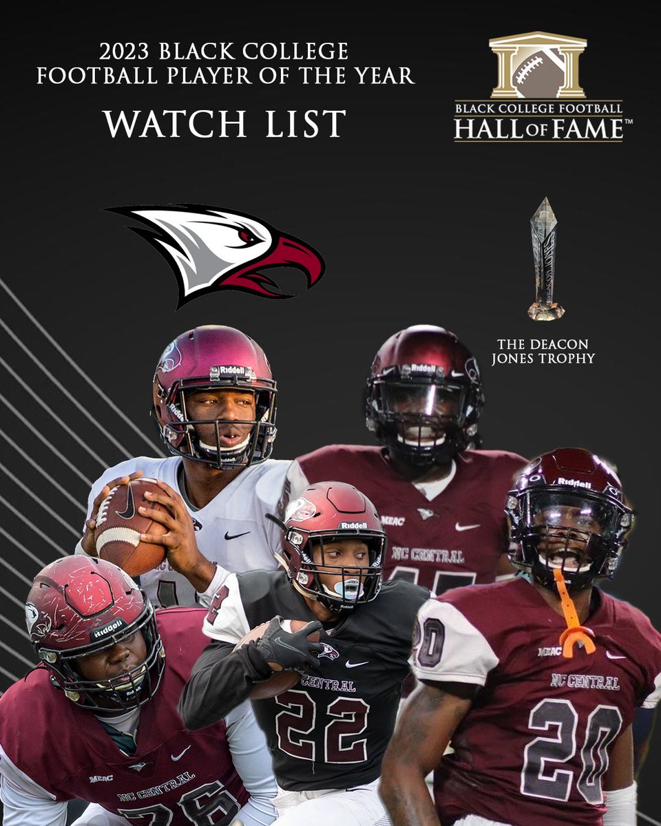 BCFHOF's tweet photo. 2023 Black College Football Player of the Year Award Watch List: 

@NCCU_Football 
DB Khalil Baker  (@kbake_10 )
LB Jaki Brevard (@jbrevard45) 
QB Davius Richard (@DaviusRichard) 
C Torricelli Simpkins III (@TorricelliSimp1)
WR Devin Smith (@Dev22__) 

View full release here: https://t.co/g6Fz66QEsf