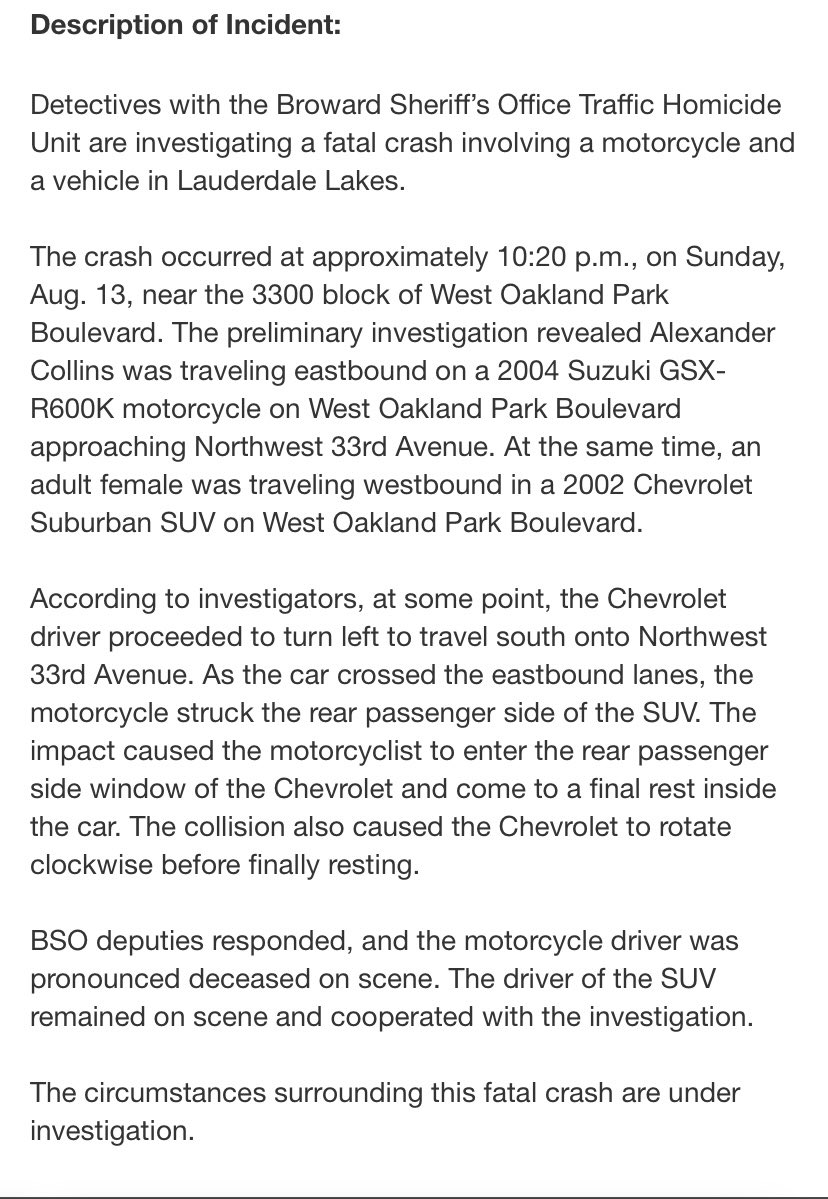 ChrisOnSports's tweet photo. Alex Collins

Has been on my mind all afternoon. As someone who rode a motorcycle in college &amp; knows people who have been severely injured &amp; even killed in crashes, this hits close to home.

A Young &amp; Vibrant Man Gone Too Soon

#RIPAlexCollins

Report &amp; 📷 from the scene. Click⤵️ https://t.co/ziwCHm2fWn