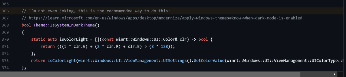 Screenshot of the official Terminal source code showing a function named IsSystemInDarkTheme() that must checks if the brightness of RGB values of the foreground theme color manually.