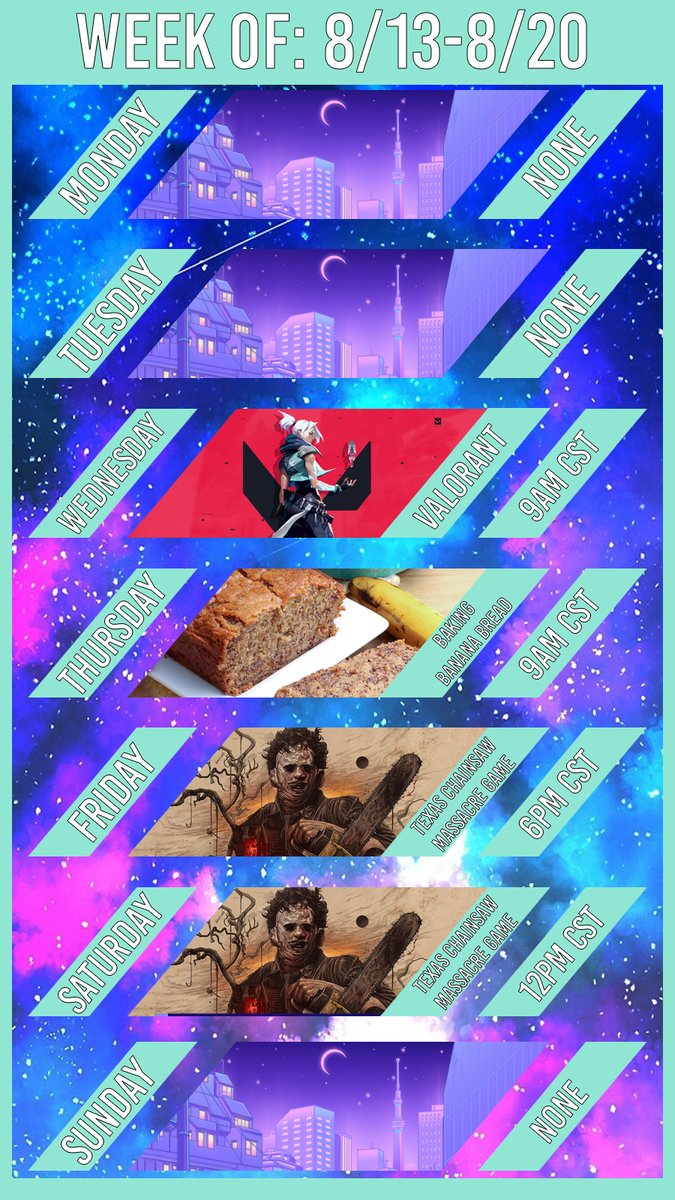 Koelossus's tweet photo. Streams are back this week! 😃

Kicking it off with some Valorant tomorrow morning, baking some banana bread on Thursday, then checking out the new Texas Chainsaw Massacre Game this weekend. 

Stop by and tell me why I shouldn't hate steak. https://t.co/a9dBudtFfI