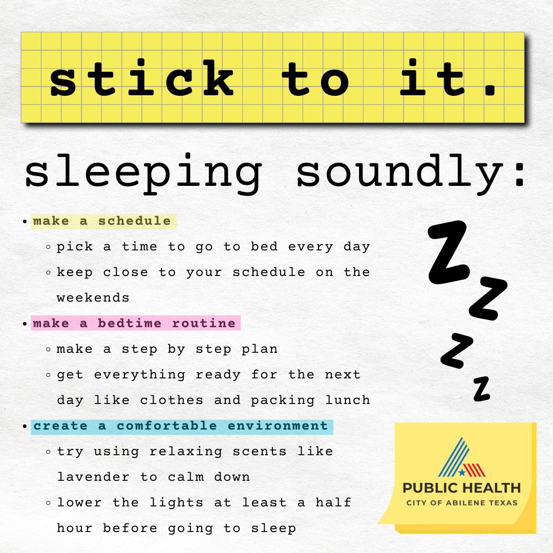 AbileneHealth's tweet photo. Keeping a consistent sleep schedule is an important part of staying physically and mentally healthy. #sticktoit #healthyhabits #healthandwellness #ATCPHD https://t.co/NBitdf8NFe