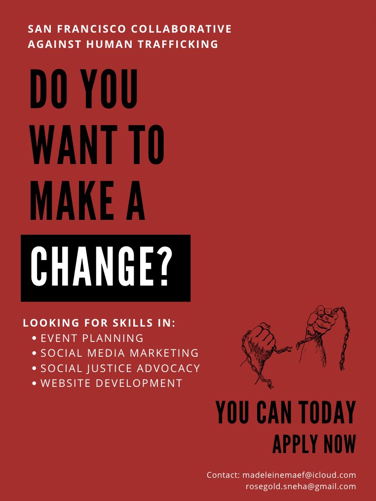 SFCAHT's tweet photo. Are you a Bay Area student interested in joining the fight against human trafficking? Email us at the account listed above to apply!

#stophumantrafficking #bayarea #humantrafficking https://t.co/bjNf6IMXUF