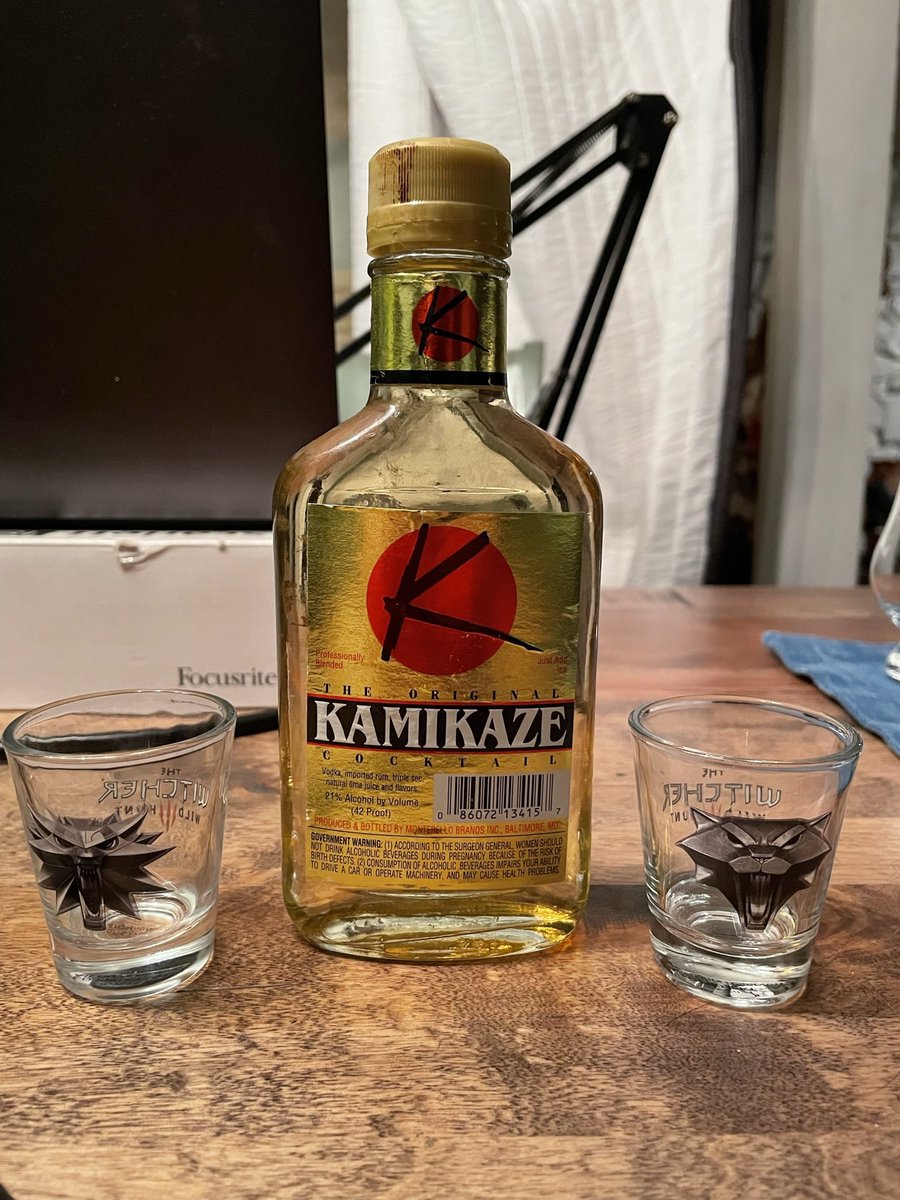 WhiskeyWitcher's tweet photo. One 5-star review on Apple = one strong or disgusting shot by your crazy cohosts! Lately, we’ve been digging out old stuff from the very back of our bars, like these extremely dubious pre-mixed Kamikaze shots that someone probably left at Tim’s place in college. #boozybonus https://t.co/ZG556J5IsV