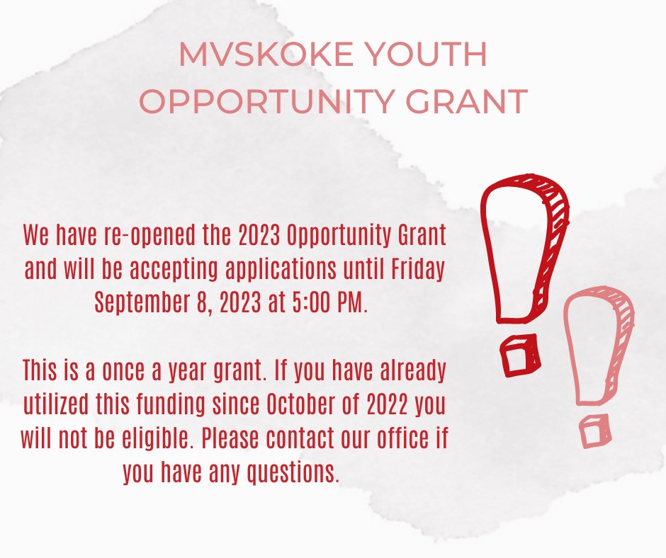 We received additional funding to provide more grants! More information on the Mvskoke Youth Opportunity Grant and application can be found here: mvskokeyouth.com/ysgrant Office Hours are Monday-Friday 8:00 AM - 5:00 PM Call us at 918-549-2557