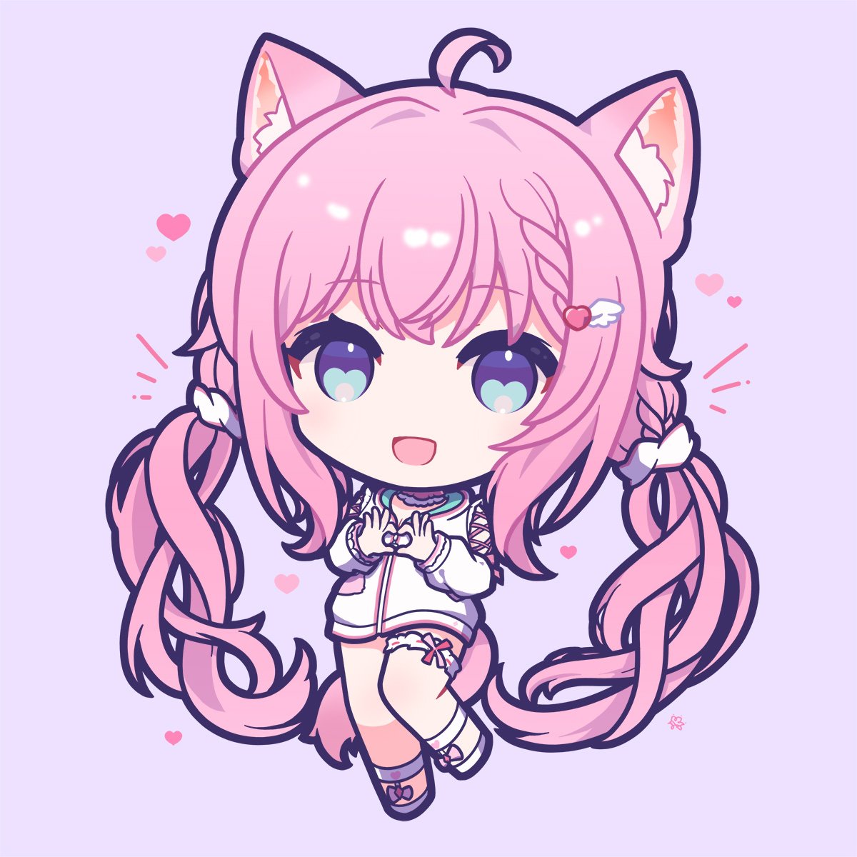 1girl animal ears chibi solo heart pink hair braid  illustration images