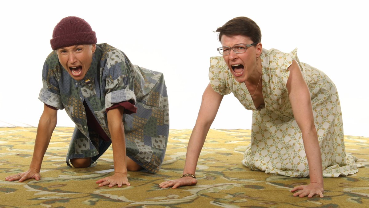 Dom &amp; I reenacting the 410 scene right after Jolene hadoukens Wynonna out of the shack. 💚 I was gonna pretend-scream for Wynonna, Dom was not, so... we actual-screamed. Just in case some of you heard &amp; were wondering, what that was. 😁 #EarpFusion #WynonnaEarp