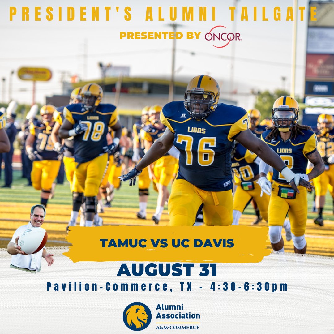ETAMUalumni's tweet photo. It's #TAMUC Tailgate Time! 

Mark your calendars for the first President's Alumni Tailgate presented by Oncor, Thursday, August 31, 4:30-6:30 PM at the Pavilion. FREE Food and beverages for #TAMUCAlumni Association Members. Become a member here https://t.co/6Kja7tkqW6. https://t.co/bhWDfjJ5Hr