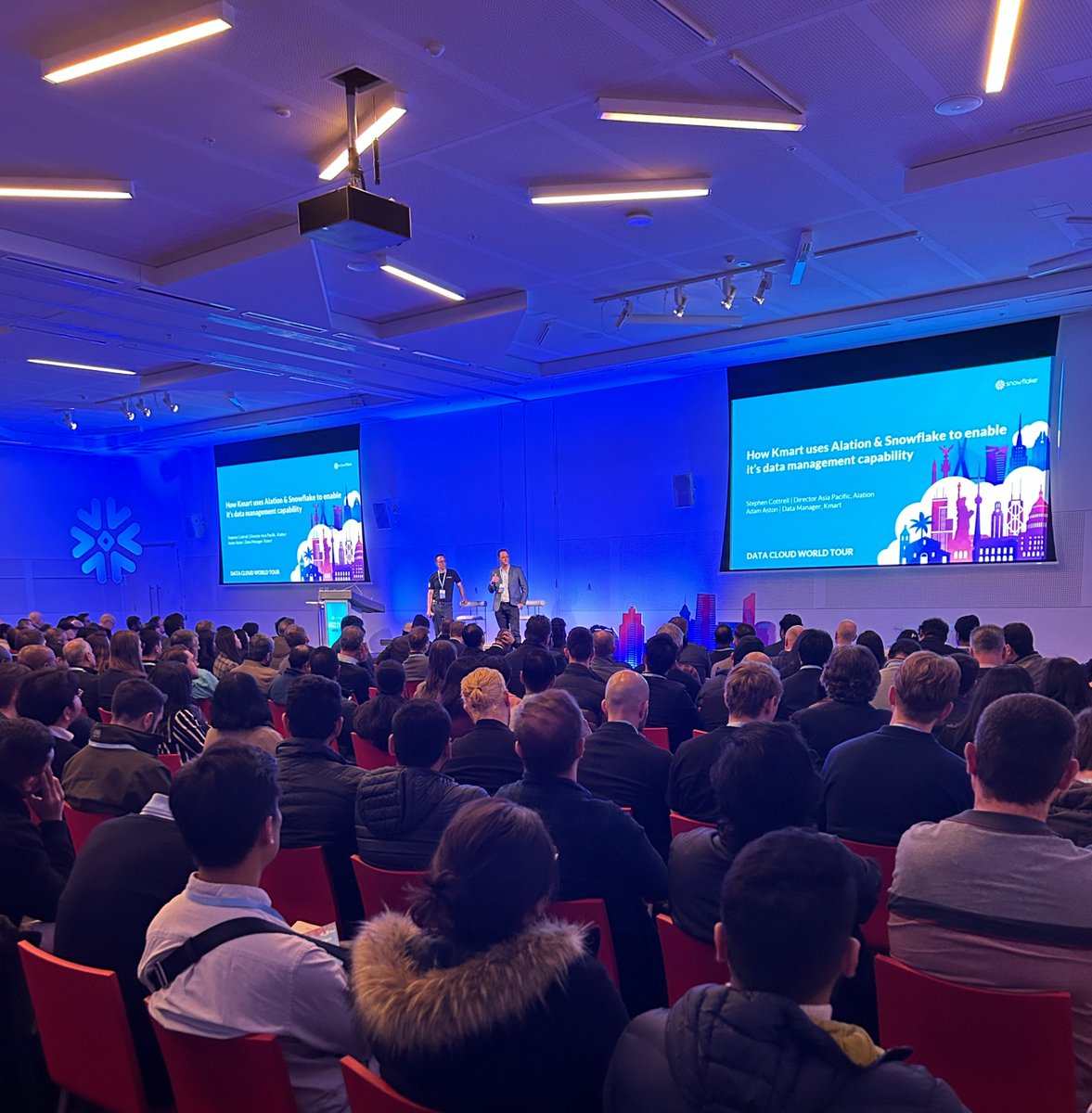 Alation's tweet photo. 🇦🇺 ❄️ We loved Snowflake Data Cloud World Tour in Melbourne!  

It was a packed house for our session with @Kmart_Australia, where we discussed how Kmart trusts Alation &amp; @SnowflakeDB for seamless data management.

Next stop: Auckland on Sep 12 🌍 

https://t.co/yhnRoAJtUp #DCWT https://t.co/V3T1CUgktO