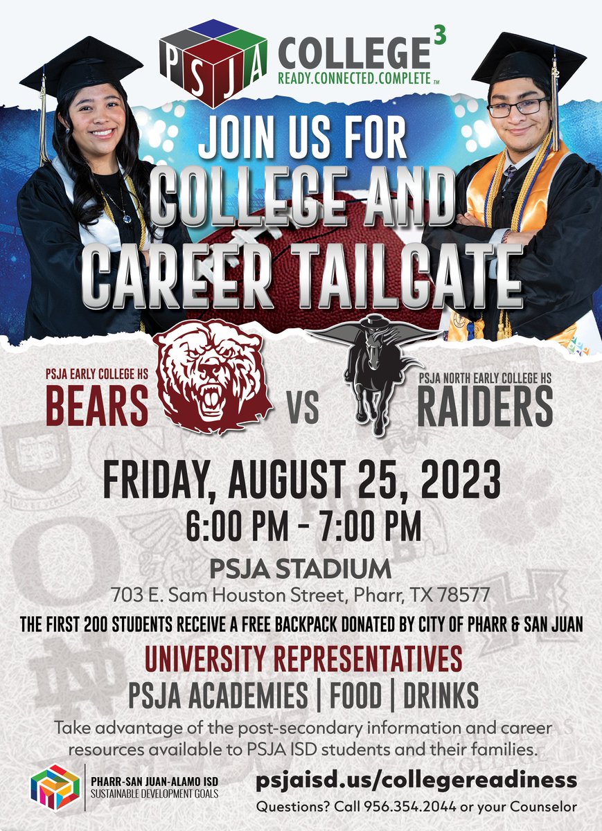 Join us for our first-ever College &amp; Career Tailgate happening Friday, August 25, 2023, from 6:00 PM to 7:00 PM at our PSJA Stadium South Parking Lot!

Enjoy fun, food, &amp; games while also learning about the programs &amp; opportunities available to all PSJA students &amp; their families.