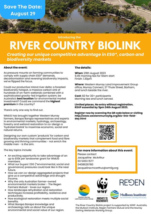 SAVE THE DATE: August 29
Introducing the River Country Biolink Project
( ...and a hear about our $10k per landholder grants)