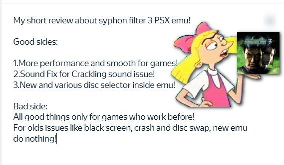 gamershhh_vika's tweet photo. My short review about Syphon Filter 3 (New PSX emu)!
If in a nutshell, then new emu do nothing for old issues like black screen, crashing and looks like for disc swap too!
#psxtops4 #psxtops4_stuff https://t.co/yUvfX2WNnC