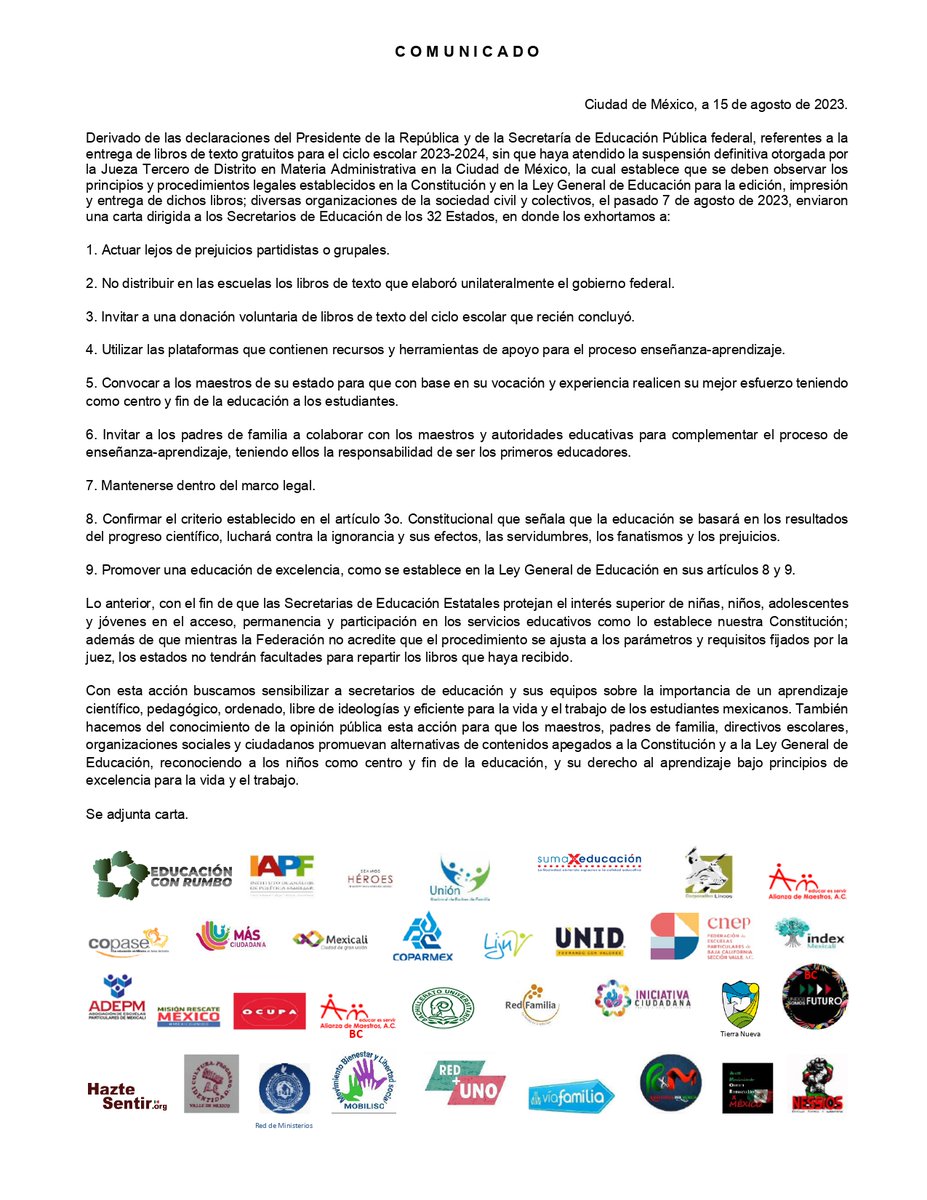 Derivado de las declaraciones del Presidente de la República y de la SEP federal, referentes a la entrega de libros de texto gratuitos para el ciclo escolar 2023-2024; diversas organizaciones de la sociedad civil y colectivos, enviaron una carta dirigida a los Srios. de Educación