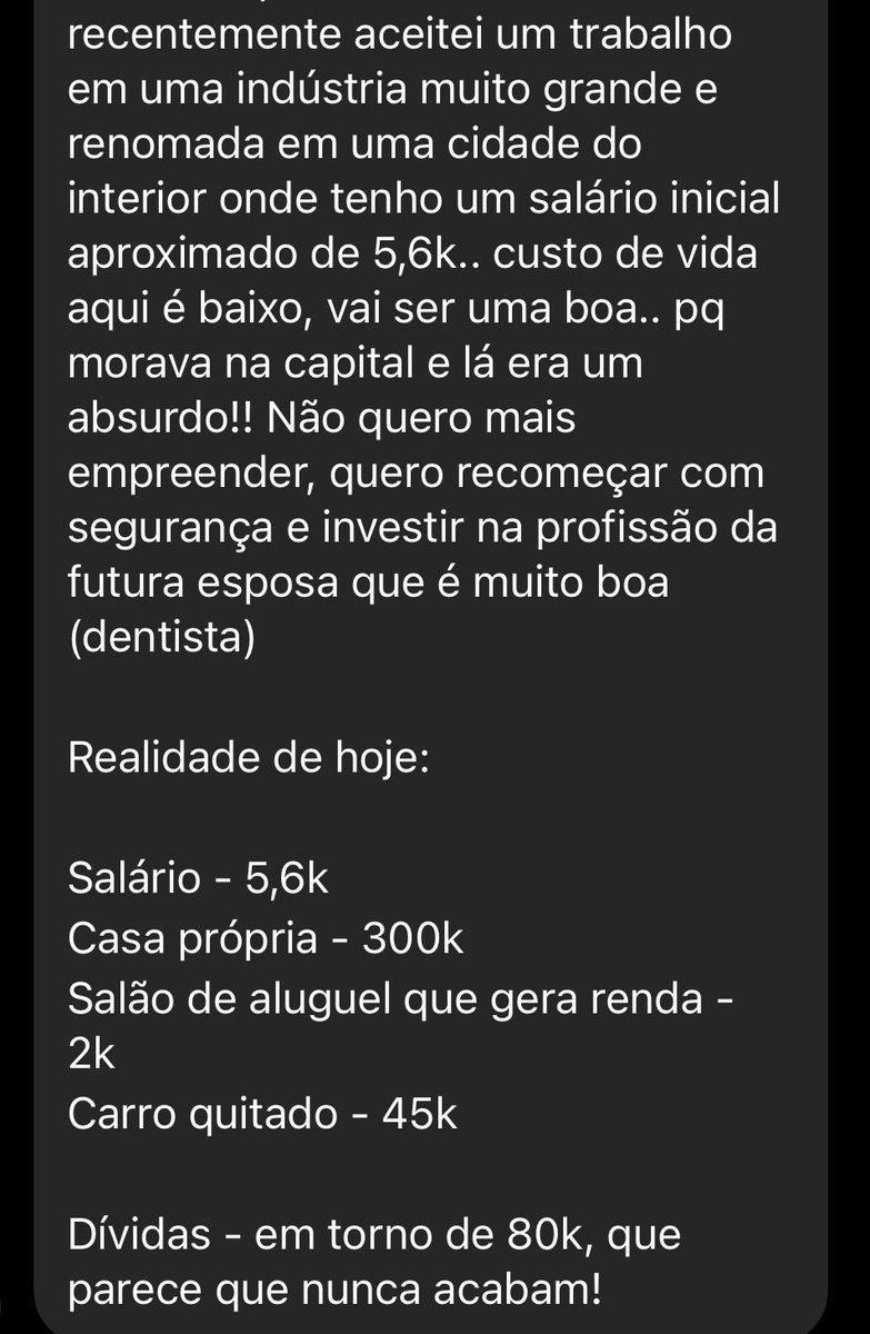 👰🤵 Engenheiro prestes a se casar no #Zflix 

🎂 30 anos.

🚀 Já empreendeu em tudo quanto é tipo de coisa, mas agora quer segurança e investir na futura esposa que será dentista.

💰 Salário: 5.6k
🏠 Casa: 300k
💈 Salão de aluguel: 2K
🚗 Carro: 45k
💸 Dívidas: 80k

🤔 Qual o