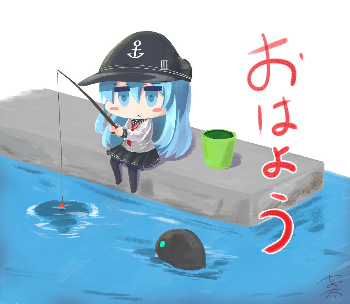 hibiki (kancolle) fishing rod 1girl fishing long hair flat cap bucket hat  illustration images