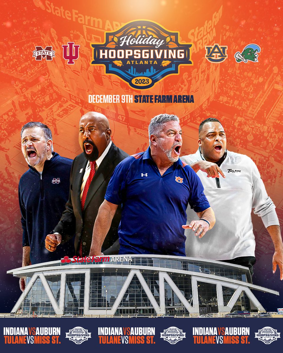 #HHG College edition: an amazing doubleheader 12/9 at <a href="/StateFarmArena/">State Farm Arena</a> with 4 great teams:
<a href="/IndianaMBB/">Indiana Basketball</a> vs <a href="/AuburnMBB/">Auburn Basketball</a> 
<a href="/HailStateMBK/">Mississippi State Men's Basketball</a> vs <a href="/GreenWaveMBB/">Tulane Men's Basketball</a> 
Limited time only, presale tickets release Friday 8/18 at 10am EST via Ticketmaster. General release sales open 9/18 at 10am EST.