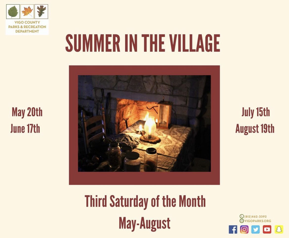 VCPRD's tweet image. Join us this Saturday from 9 a.m. - 1 p.m. in the Fowler Park Pioneer Village for our last Summer in the Village of the year! Our Pioneers will open their cabins for all to explore!
#VisitTerreHaute #TerreHaute 
@HauteHappenings
