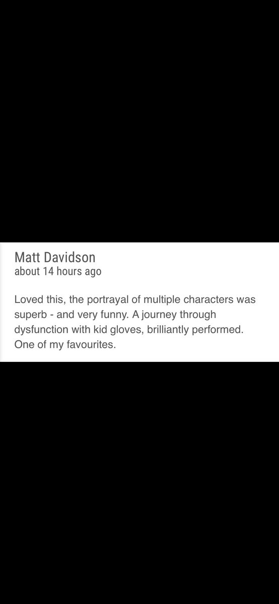 aliceIW's tweet photo. Audience Reviews keep comin in! Thank-you, Matt 🙏 #howtofindahusband #fillyerboots #edfringe @theSpaceUK @markdirects @sloanietime https://t.co/dvq1tG94IW