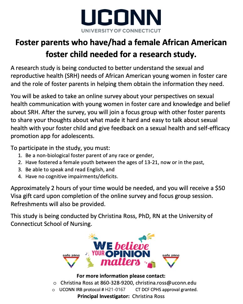 We are recruiting African American young women with a history of foster care placement and foster parents from Connecticut for a focus group study regarding sexual and reproductive health. Please share! #healthequity #research #fostercare #sexualandreproductivehealth