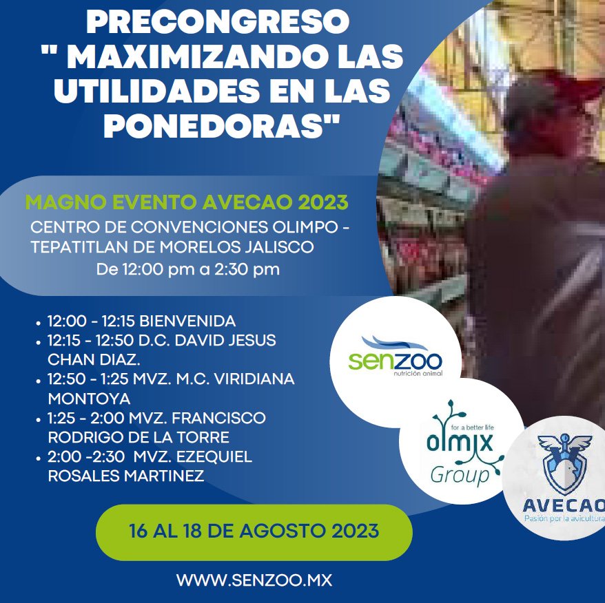 Mañana inicia el Magno Evento AVECAO 2023 con los precongresos de Elanco a las 9 AM, Senzoo-Olmix a las 12 PM y Avilab a las 4 PM; en el Centro de Convenciones Olimpo, Tepatitlán de Morelos, Jalisco.
¡Los esperamos!
#avecao2023 #Avecao #avicultura #Elanco #Senzoo #Olmix #Avilab