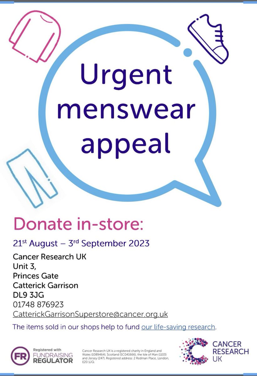 Urgent menswear appeal for the Cancer Research Catterick Garrison Superstore !