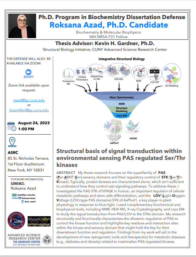 GC_BiochemPhD's tweet photo. Congratulations to @GC_BiochemistryPhD student Roksana Azad (Gardner lab @asrc_gc @CCNYChem) on her upcoming thesis defense on 8/24/2023.  See below for more information. https://t.co/FdlLKAqdUB