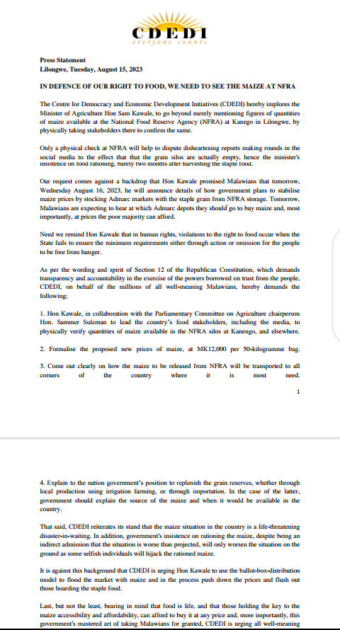 CDEDI3's tweet photo. Our statement delivered today during press briefing in Lilongwe on Maize situation in the country. https://t.co/fy82vkYcjU