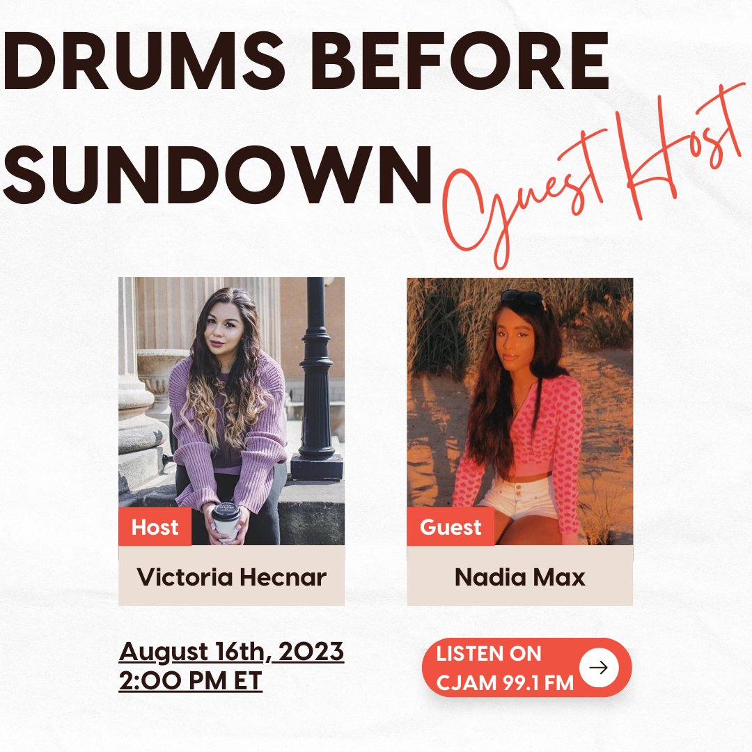 victoriahecnar's tweet photo. Our final guest host on Drums Before Sundown will be none other than Nadia Max!
🔔 Listen on August 16th starting at 2:00 PM on CJAM 99.1 FM, or on iHeartRadio: https://t.co/qI0DjLOOLE
#guesthost #nadiamax #cjam #radio #iheartradio #windsordetroit #drumsbeforesundown https://t.co/kUiuQIDjCj