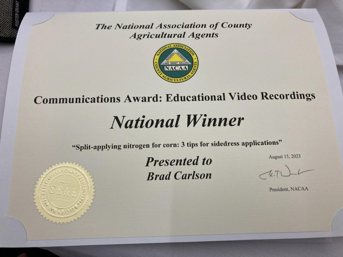 UMNNutrientMgmt's tweet photo. Congrats to Extension educator Brad Carlson on winning the NACAA Communications Awards competition in the category of Educational Video Recording! Learn more and watch the award-winning video here: https://t.co/W1c8M0aVpW @BradCarlson69 @UMNExt @agagents #MNag https://t.co/tdjCdluSSj