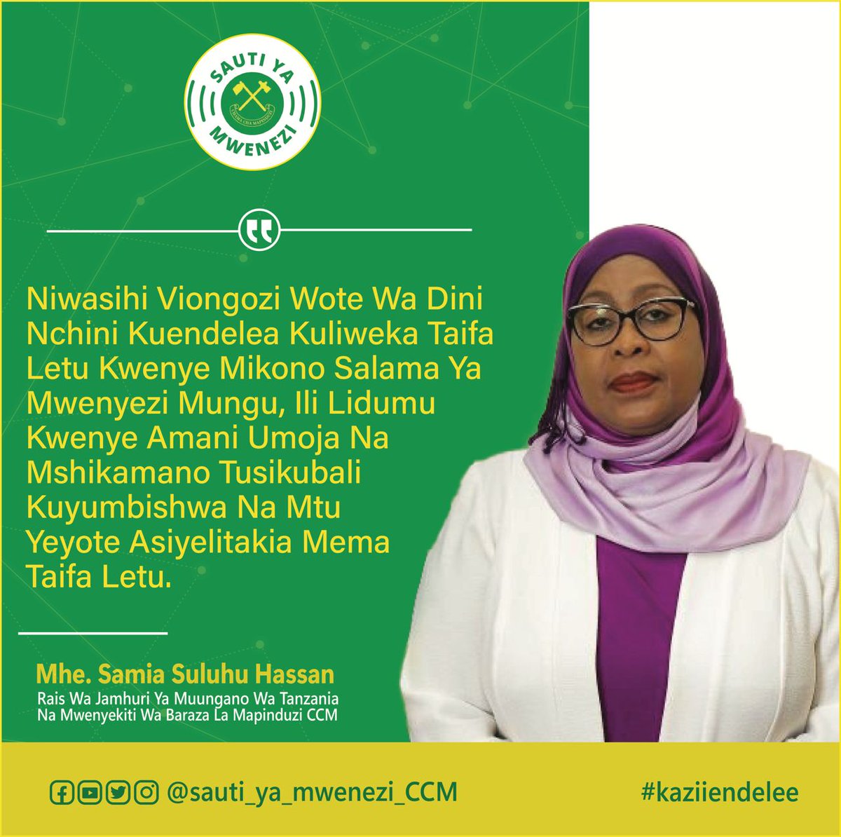 CKigamboni's tweet photo. "Niwasishi Viongozi wa Dini kuendelea kuliweka Taifa letu kwenye mikono salama ya Mwenyezi Mungu" Mhe. Rais @SuluhuSamia https://t.co/3WrnUH2Fxp