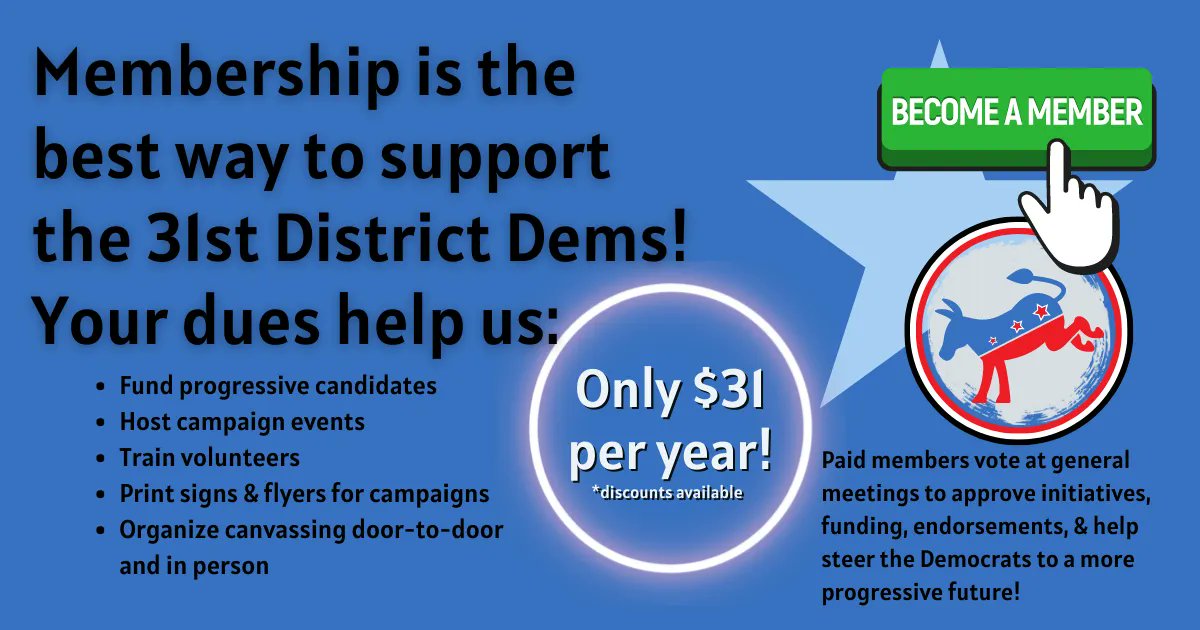 31stDems's tweet photo. Are you a member?  For only $31 a yearyou can be an official member of the 31st Legislative District Democrats!  Meet like-minded folks at meetings, make friends at our social events or community projects, and help us make this purple district blue!  

https://t.co/DelZqgAoBr https://t.co/LqHXjFRSpz