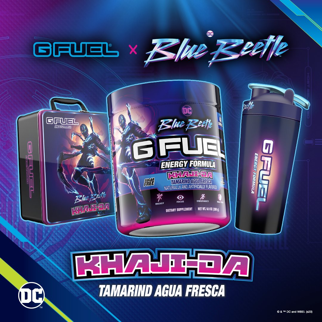 🗣 IT'S TIME TO BE A SUPERHERO! WHETHER YOU LIKE IT OR NOT! Unlock your full potential with #BlueBeetle's #GFUEL "𝗞𝗛𝗔𝗝𝗜-𝗗𝗔"! A Tamarind Agua Fresca blend inspired by <a href="/bluebeetle/">Blue Beetle</a>!

💙 𝗥𝗧 to win a Bundle! 2 winners picked this weekend!

🛒 𝗦𝗛𝗢𝗣: GFUEL.ly/blue-beetle-x