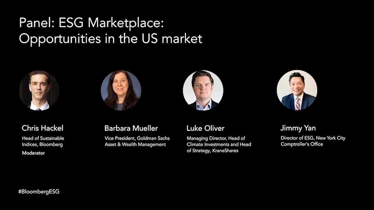 @Bloomberg's @chrishackel hosted a panel with @KraneShares' @LukeAOliver, @GoldmanSachs' Barbara Mueller, and NYC Comptroller’s Office's Jimmy Yan to discuss investor interest in #ESG and #climate #investment strategies in the #US #market. Watch: tinyurl.com/c9p8975p #ETFs