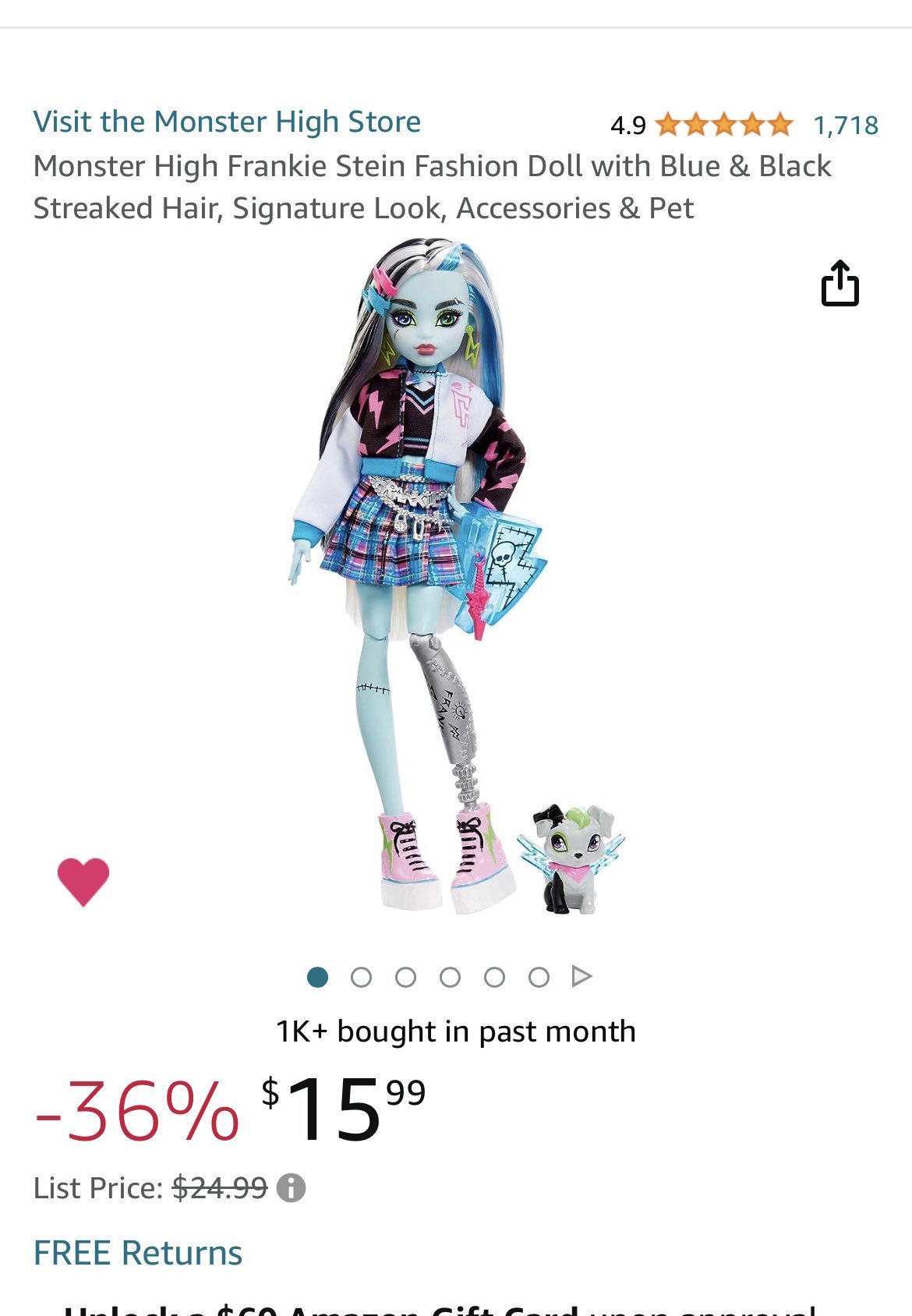 Monster High Frankie Stein Fashion Doll with Blue & Black Streaked Hair,  Signature Look, Accessories & Pet