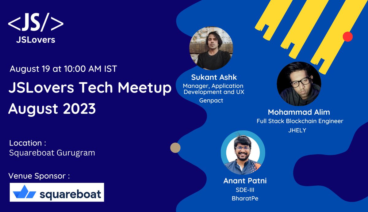 📢Hello devs, Join us for an offline meetup of @jslovers_del!🎉 📅Mark your calendars for August 19, 10AM at @Square_Boat Gurgaon. It's going to be a day filled with insightful talks, valuable networking, and loads of fun! Check out the event: meetup.com/jslovers/event…