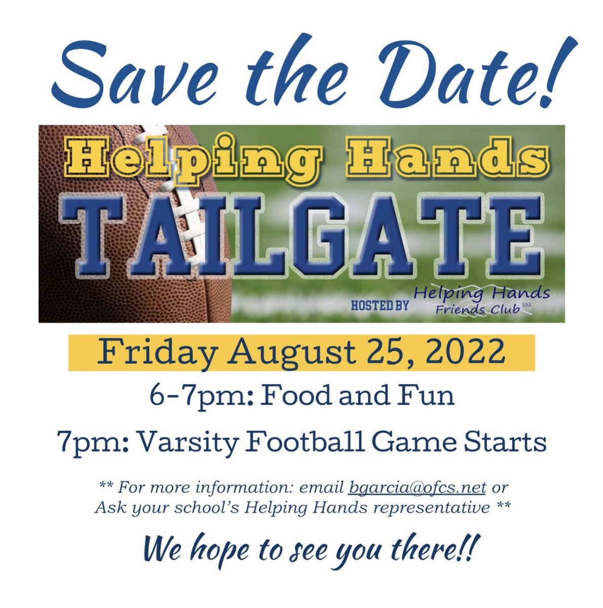 OFHelpingHands's tweet image. 🚨🎉🐾💛Helping Hands Tailgate coming soon!💙🌭🏈🚨