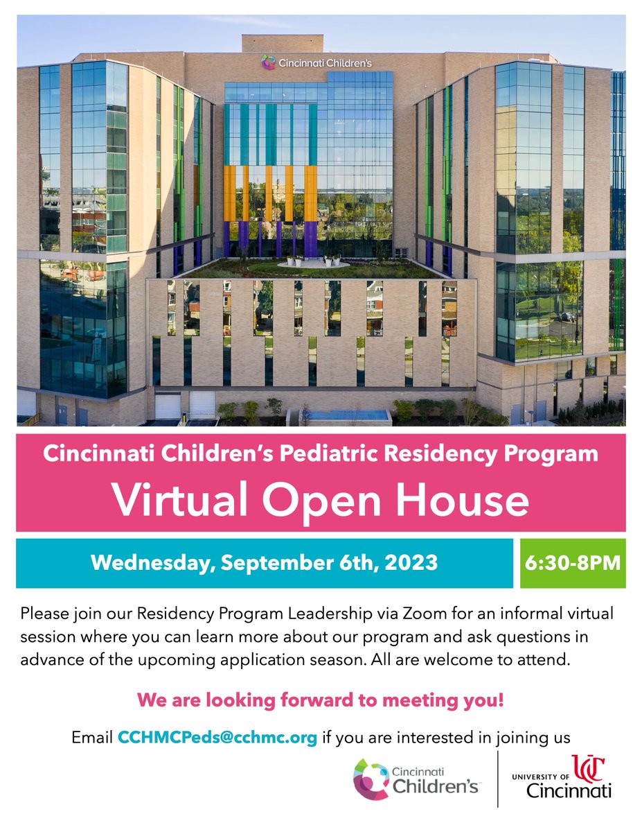 We welcome all @FuturePedsRes applicants to join the program leadership from the Pediatric Residency program @CincyChildrens for a virtual open house on Wednesday September 6, 2023 from 6:30-8PM. Please email CCHMCPeds@cchmc.org if you are interested in joining us.