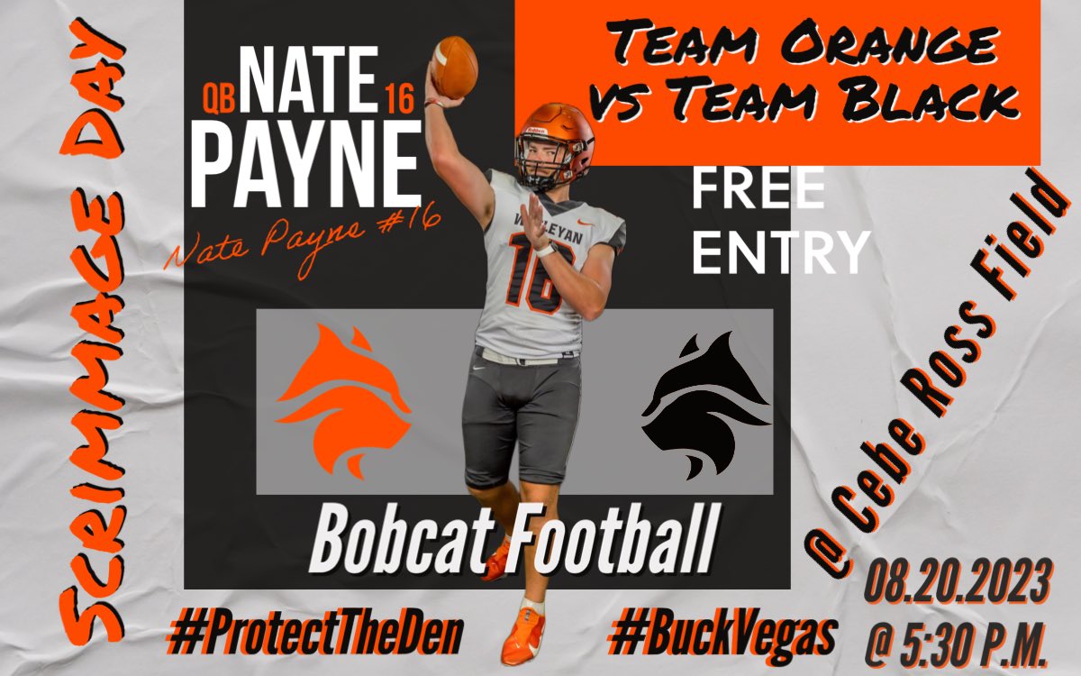 We are welcoming students back to #Buckvegas on orientation day with a friendly Orange 🧡 vs Black 🖤 Scrimmage ‼️ Come out and enjoy a sneak preview of the 2023 Bobcat football team‼️ #ProtectTheDen