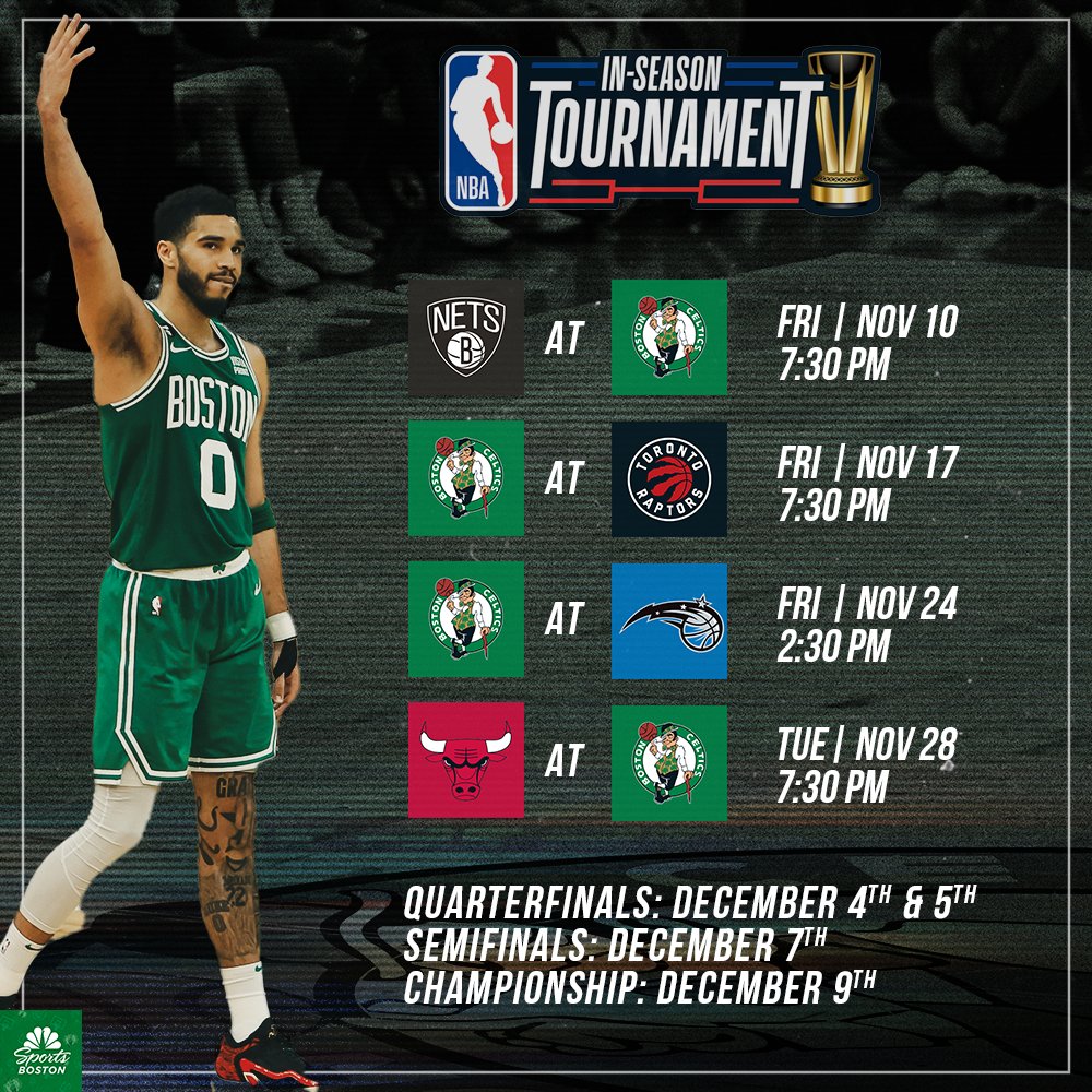 The Celtics' schedule for the NBA's inaugural In-Season Tournament is LIVE 🚨 Check out our full preview of East Group C, where Boston will battle Brooklyn, Toronto, Orlando and Chicago 🏀 trib.al/s3cdVbA