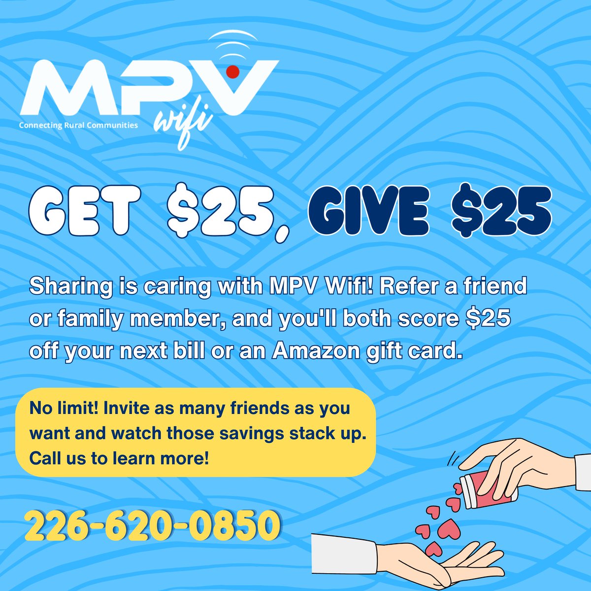 Exciting news! Share the magic of uninterrupted connectivity with our MPV WiFi Referral Program. Refer a friend to join us, and you both earn $25 off your next bill or an Amazon gift card. Stay connected and get rewarded! #MPVWiFi