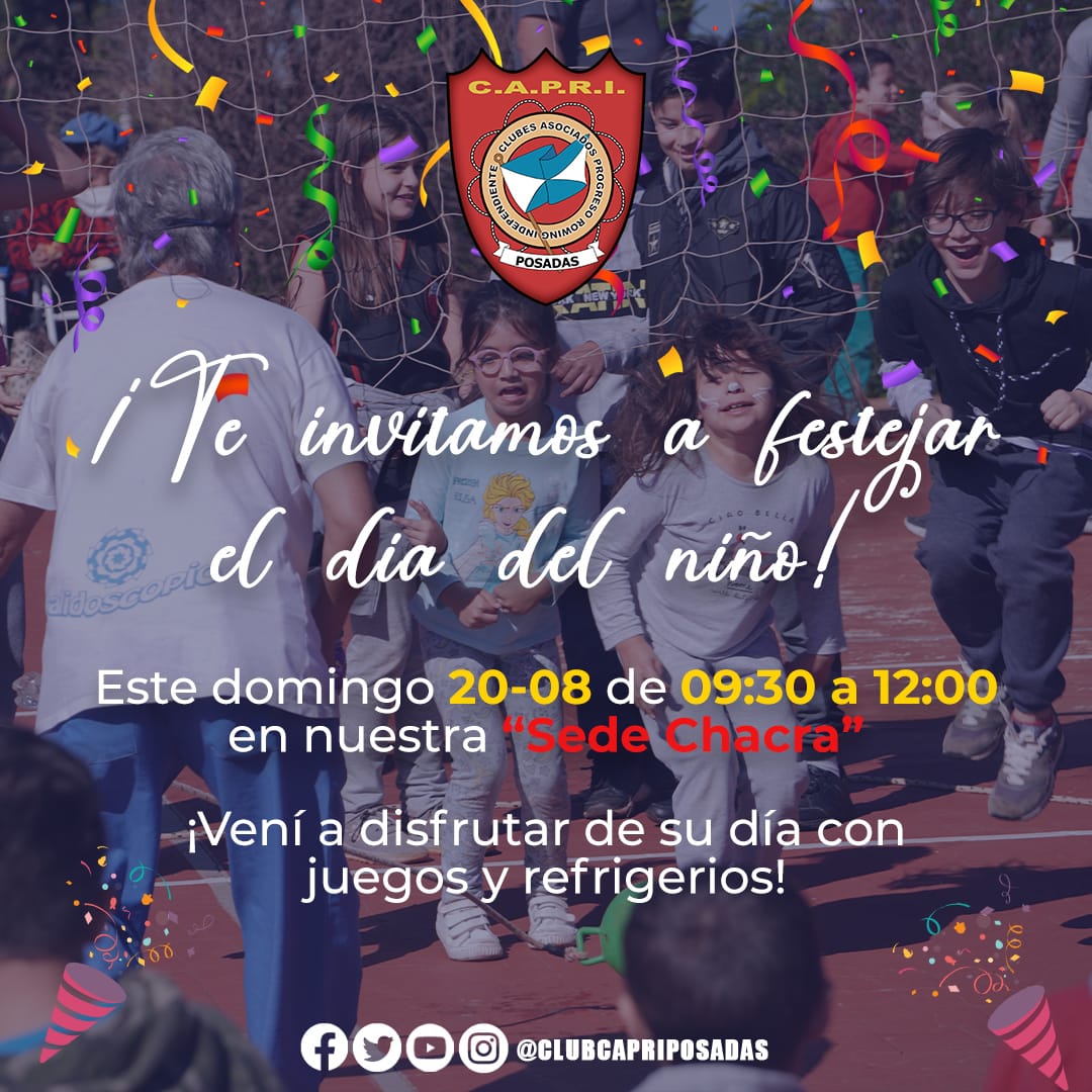 🙋‍♀️ ¡Este domingo vení a festejar con nosotros! 

🎊 El domingo 20/08 a partir de las 9:30hs te esoeramos en la Sede Chacra para disfrutar el Día del Niño en el Club. 

🙆 Juegos, risas y diversión. ¡Te esperamos! 💙

#ComunidadCAPRI #ClubCapri #FamiliaCapri #Díadelniño